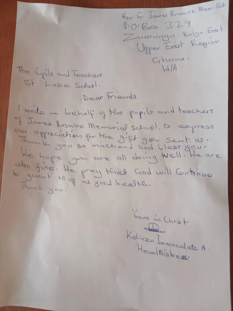 Letter from James Browne Memorial administrator to St. Luke